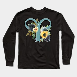 Aries Horoscope Zodiac Blue Sunflower Design Long Sleeve T-Shirt
